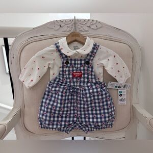 ❤️ 3 Mth OshKosh B'gosh Blue and White Checkered Heart Baby Overalls Set NWT